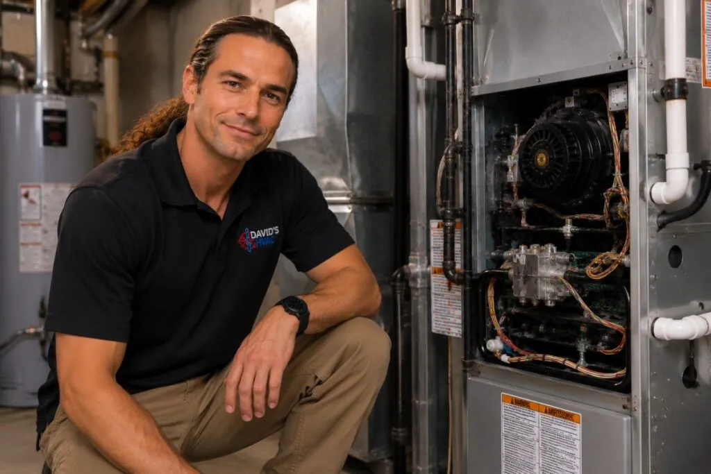 David's HVAC technician posing beside an open residential furnace after completing professional service.