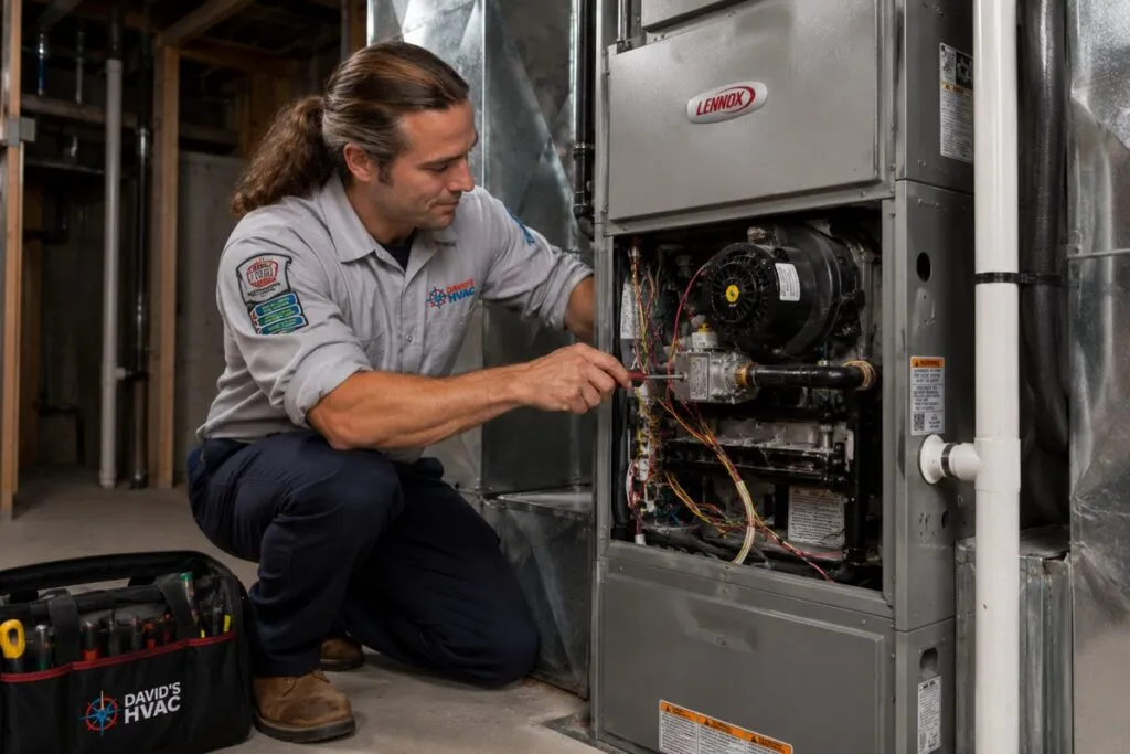 David's HVAC technician repairing a residential Lennox furnace with professional tools and precision.
