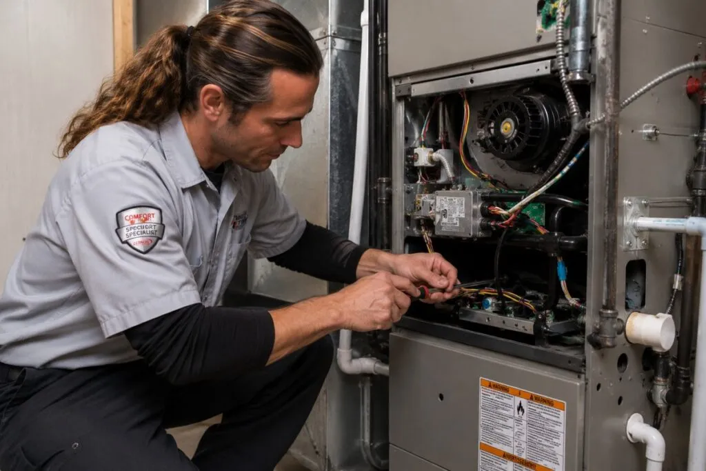 David's HVAC technician repairing a residential gas furnace with professional HVAC tools.