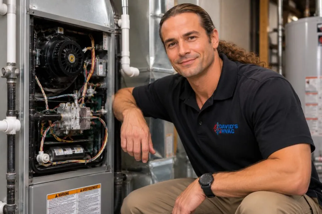 David's HVAC technician posing beside an open residential furnace after completing professional service.
