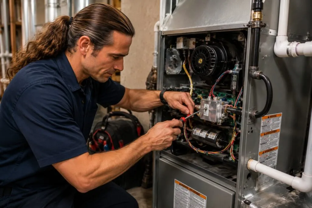 David's HVAC technician repairing a residential gas furnace with professional HVAC tools.