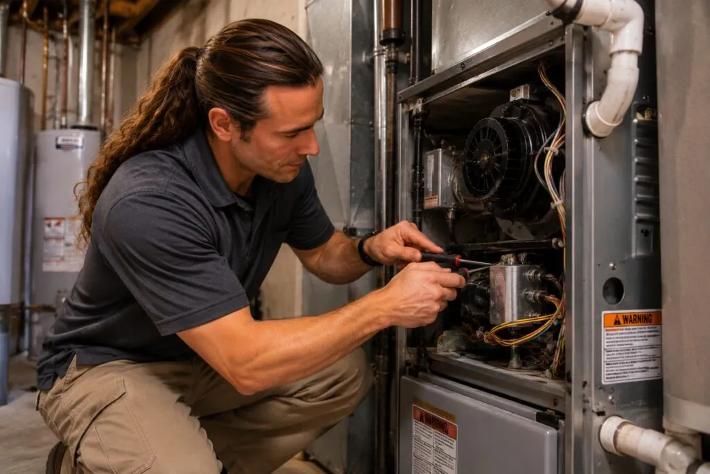 David's HVAC technician repairing a residential gas furnace with precision using professional HVAC tools.
