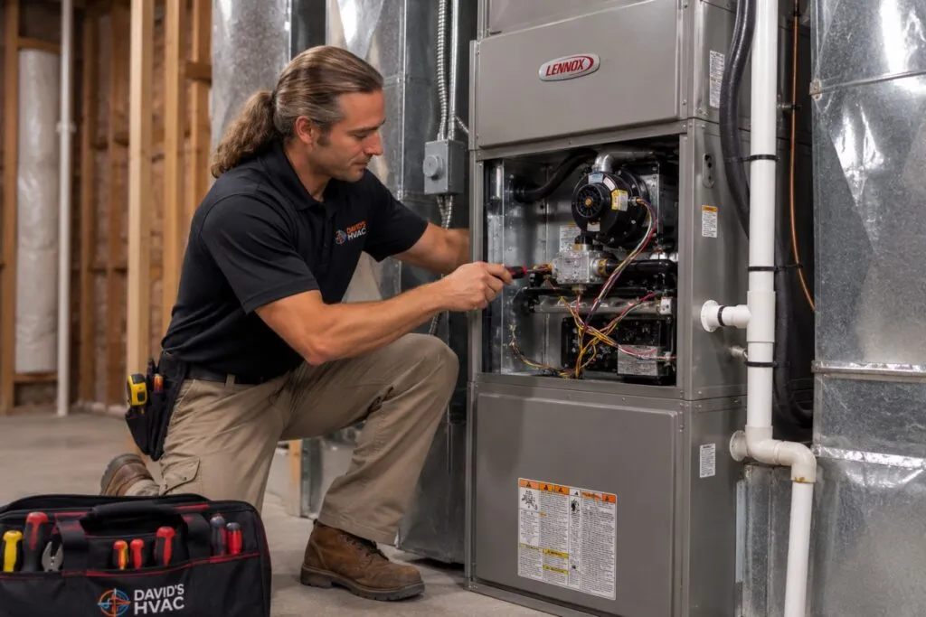 David's HVAC technician repairing a residential Lennox furnace with professional HVAC tools.