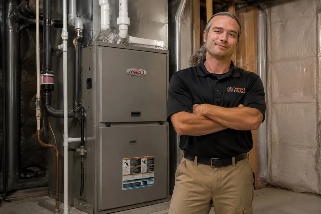 David's HVAC technician posing beside a professionally installed Lennox furnace and complete home heating system.