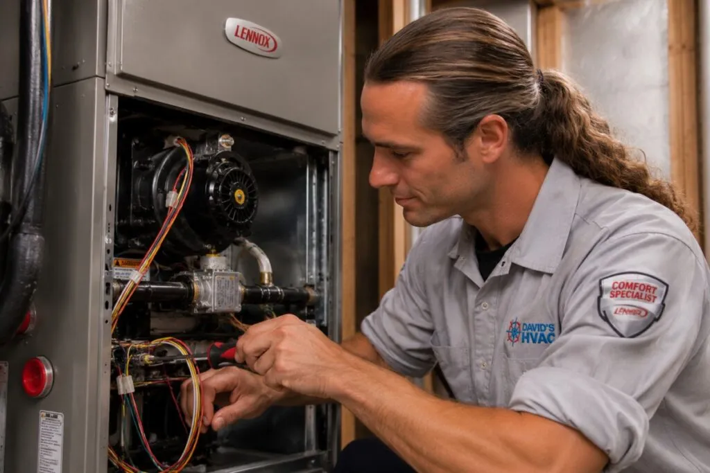 David's HVAC technician repairing a residential Lennox furnace with professional HVAC tools.