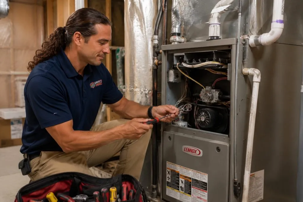 David's HVAC technician repairing a residential furnace with professional HVAC tools.