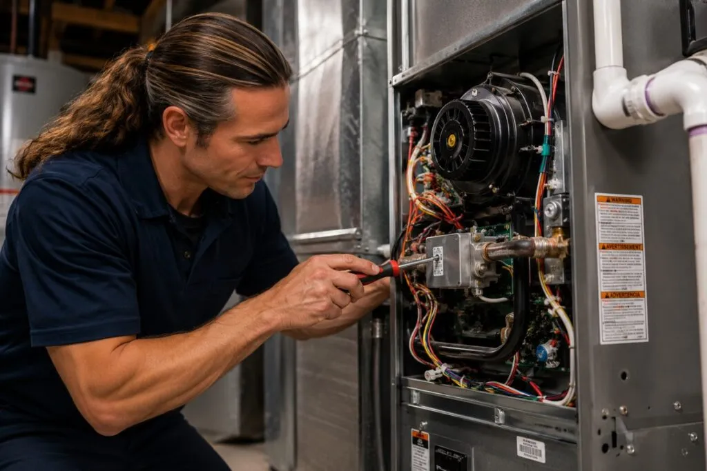 David's HVAC technician repairing a residential gas furnace with professional HVAC tools.