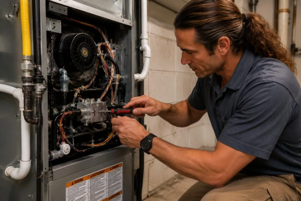 David's HVAC technician repairing a residential gas furnace with professional HVAC tools.
