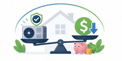 Residential HVAC system balanced with savings symbols representing fair pricing.