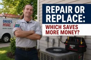 Repair or Replace: Which Saves More Money? David's HVAC technician helping homeowners choose between HVAC repair and replacement.