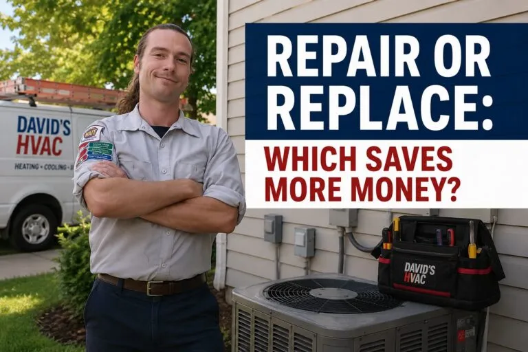 Repair or Replace: Which Saves More Money? David's HVAC technician helping homeowners choose between HVAC repair and replacement.