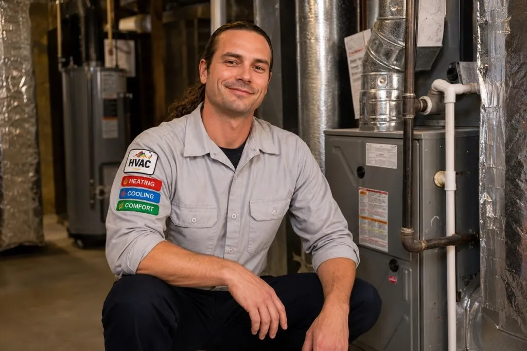 Image of David from David's HVAC posing in front of a residential HVAC system, providing honest, reliable, and trusted heating and air conditioning services in the Denver metro area.