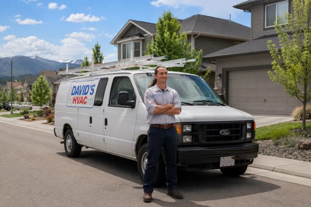 David's HVAC technician standing in front of a David's HVAC service van, ready to provide trusted heating and cooling services.