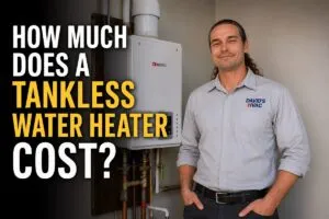 David's HVAC technician standing beside a tankless water heater for a guide on how much a tankless water heater costs.