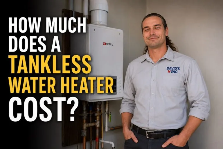 David's HVAC technician standing beside a tankless water heater for a guide on how much a tankless water heater costs.