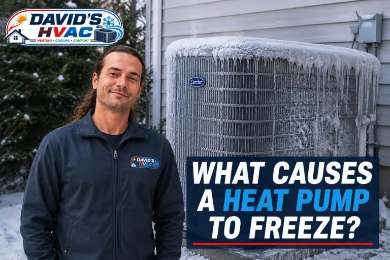 HVAC technician standing beside a frozen heat pump explaining what causes a heat pump to freeze and when homeowners should call for professional repair.