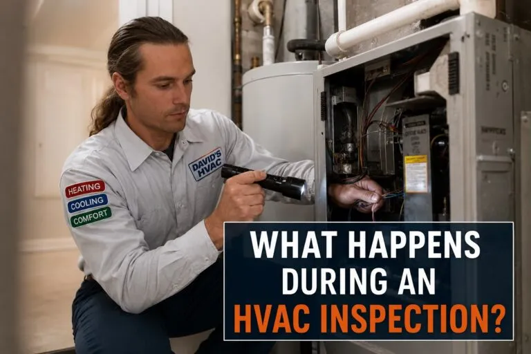 HVAC technician performing an HVAC inspection on a residential heating and cooling system.