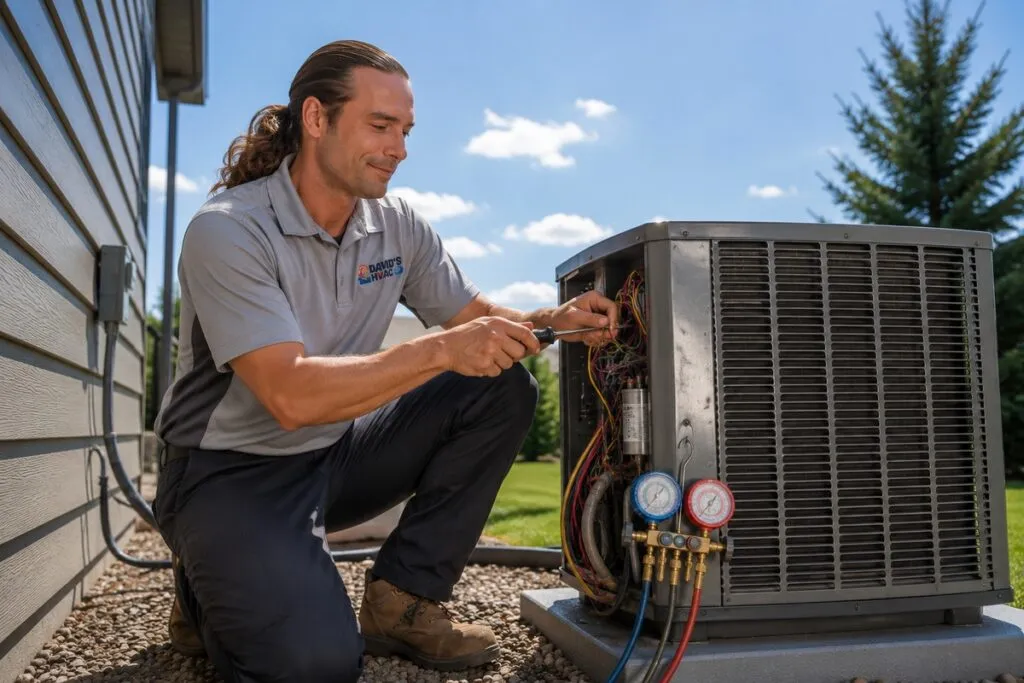 David's HVAC technician repairing a residential air conditioning unit during professional AC service.