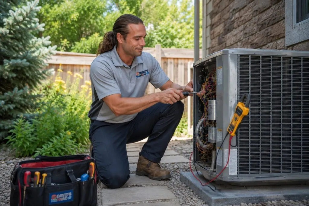 David's HVAC technician repairing a residential air conditioning unit with professional diagnostic tools.
