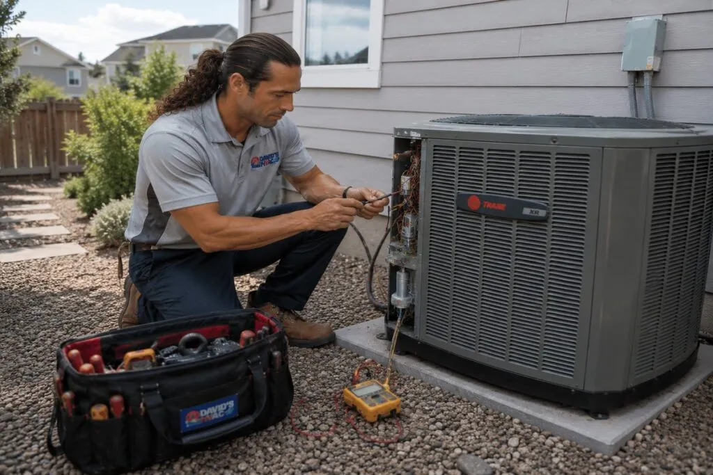 David's HVAC technician repairing a residential air conditioning unit with professional HVAC tools.