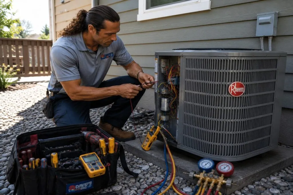 David's HVAC technician repairing a Rheem residential air conditioning unit with professional diagnostic tools.