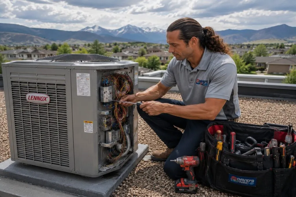 David's HVAC technician repairing a residential air conditioning unit using professional HVAC tools.