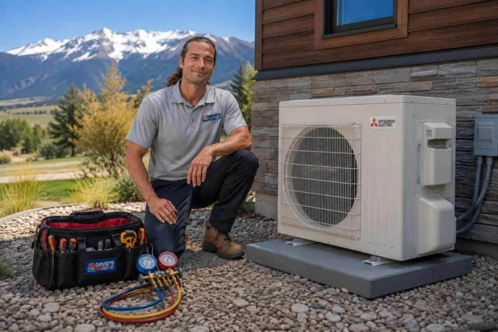 David's HVAC technician posing beside a residential air conditioning unit with professional HVAC tools.
