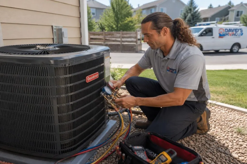 David's HVAC technician servicing a residential air conditioning unit with professional diagnostic equipment.