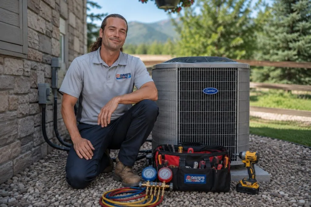 David's HVAC technician posing with professional AC repair tools beside a residential air conditioning unit.