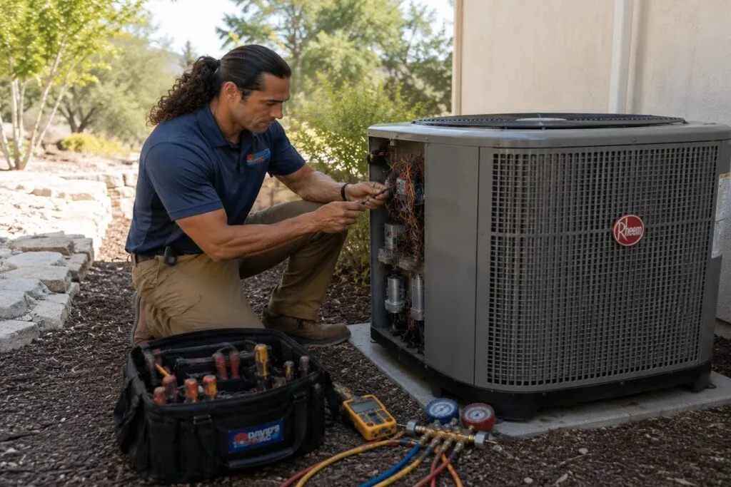 David's HVAC technician repairing a Rheem air conditioning unit with professional HVAC diagnostic tools.