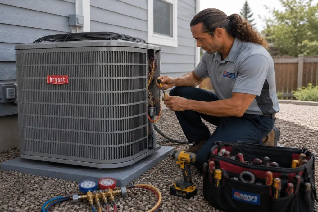 David's HVAC technician repairing a residential air conditioning unit with professional HVAC diagnostic tools.