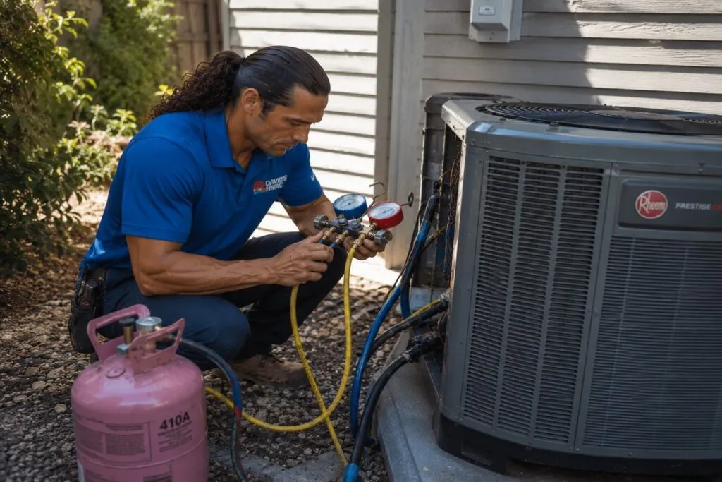 David's HVAC technician recharging a residential air conditioning system with refrigerant using professional HVAC gauges.