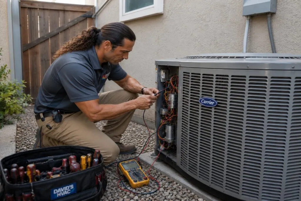 David's HVAC technician repairing a Carrier residential air conditioning unit with professional diagnostic equipment.