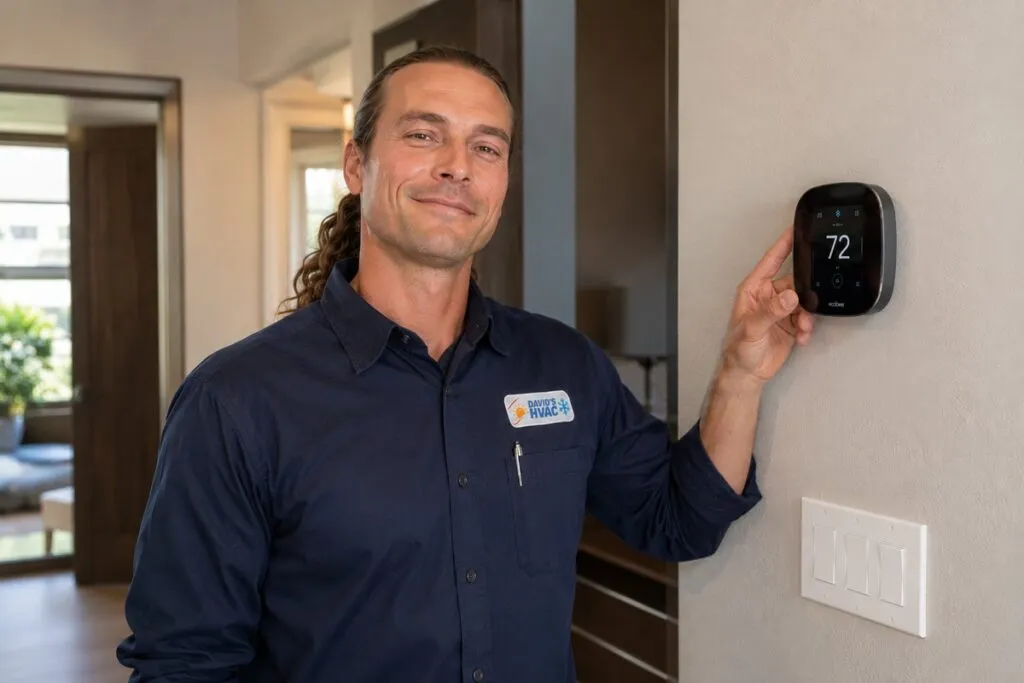 David from David's HVAC adjusting a digital Ecobee smart thermostat during professional thermostat service.
