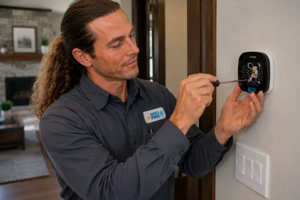David from David's HVAC repairing an Ecobee smart thermostat during professional thermostat service.
