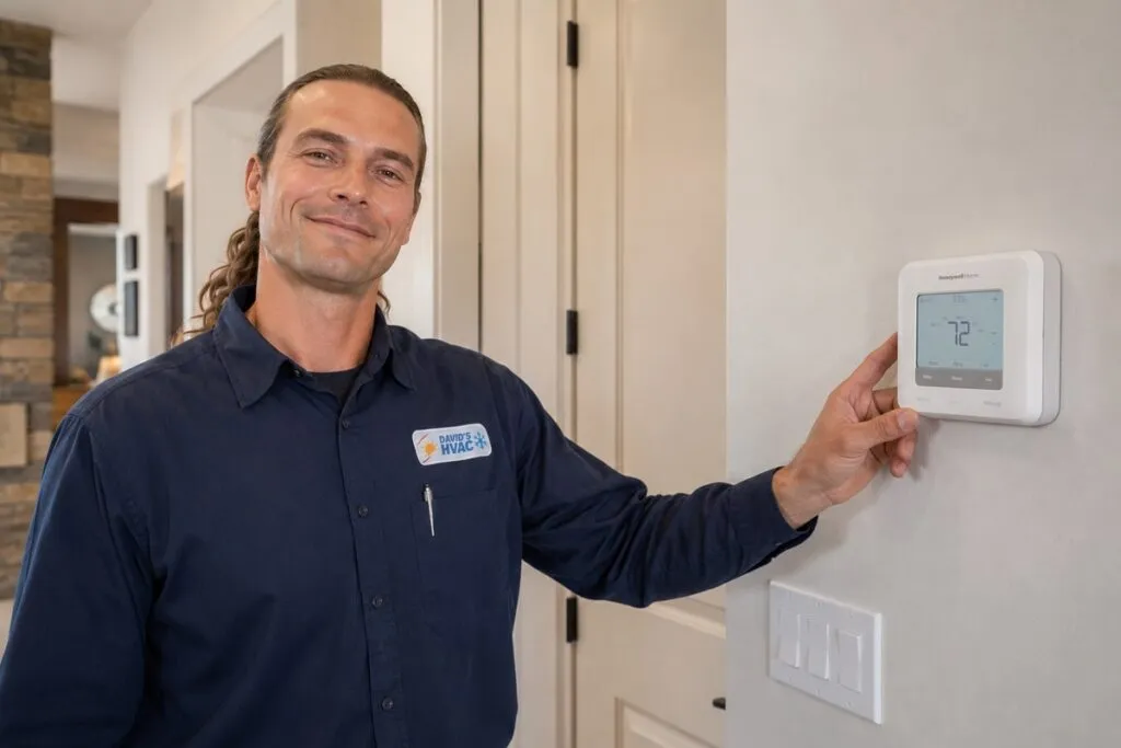 David from David's HVAC adjusting a Honeywell digital thermostat during professional thermostat installation and service.