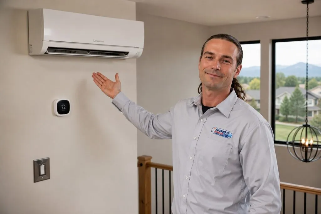 David's HVAC technician presenting a wall-mounted mini split system for energy-efficient heating and cooling in Colorado homes.