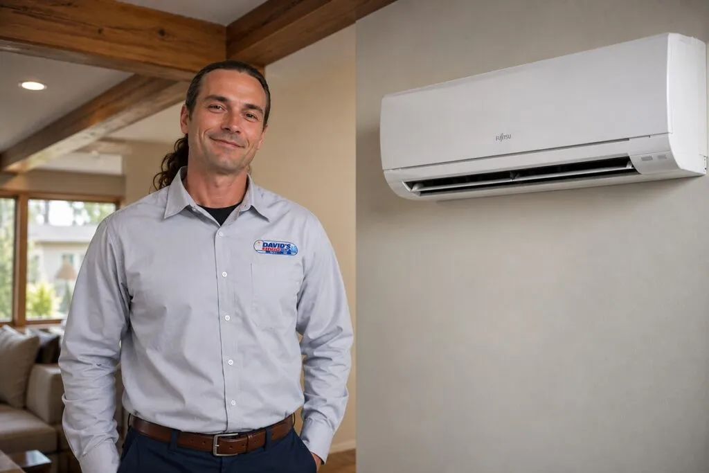 David's HVAC technician standing beside a wall-mounted mini split system, highlighting energy-efficient heating and cooling for Colorado homes.