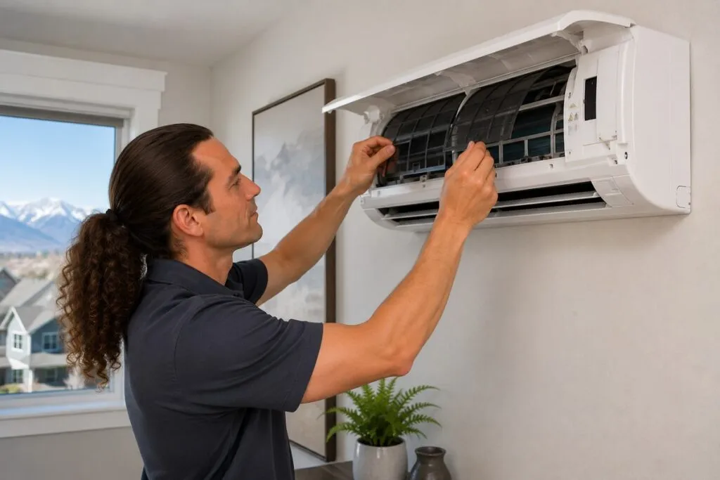 David's HVAC technician cleaning and servicing a wall-mounted mini split system for efficient heating and cooling performance.