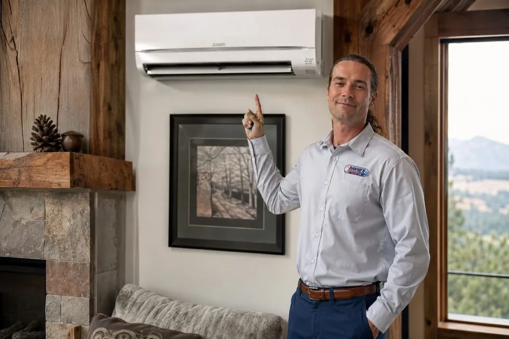 David's HVAC technician standing beside a wall-mounted mini split system, showcasing professional mini split installation and energy-efficient home comfort.