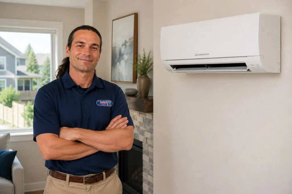 David's HVAC technician standing beside a wall-mounted mini split system, showcasing energy-efficient heating and cooling for Colorado homes.