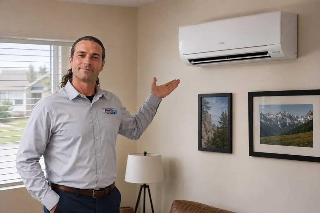 David's HVAC technician showcasing a wall-mounted mini split system for efficient heating and cooling in Colorado homes.