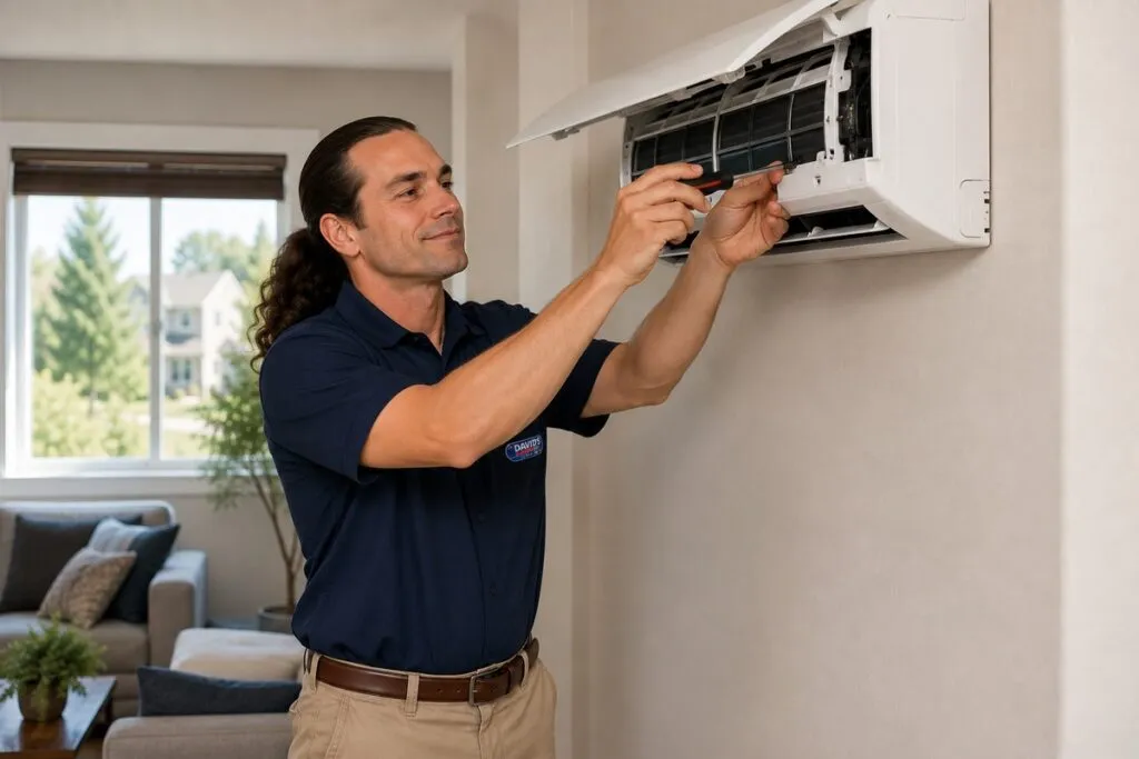 David's HVAC technician servicing a wall-mounted mini split system to ensure efficient heating and cooling performance.
