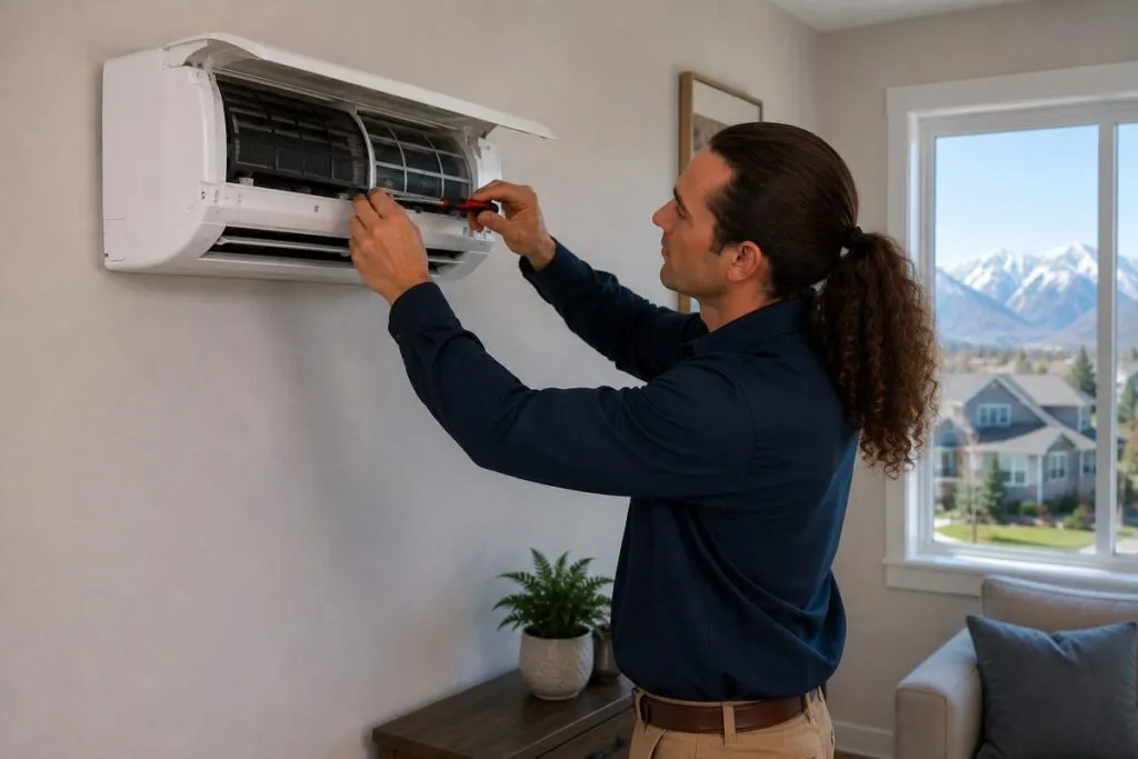 David's HVAC technician servicing a wall-mounted mini split system to maximize heating and cooling efficiency.