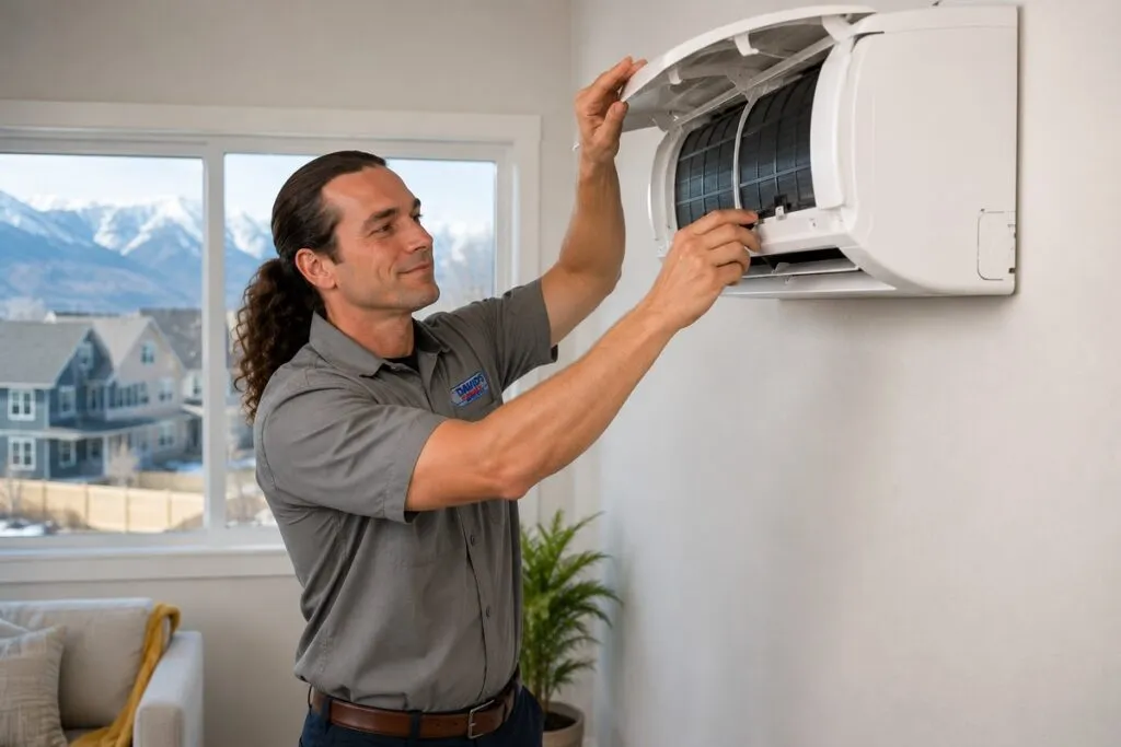 David's HVAC technician servicing a wall-mounted mini split system to improve energy-efficient heating and cooling performance.