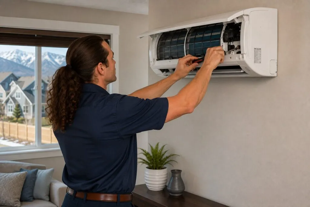 David's HVAC technician servicing a wall-mounted mini split system to maintain efficient heating and cooling performance.
