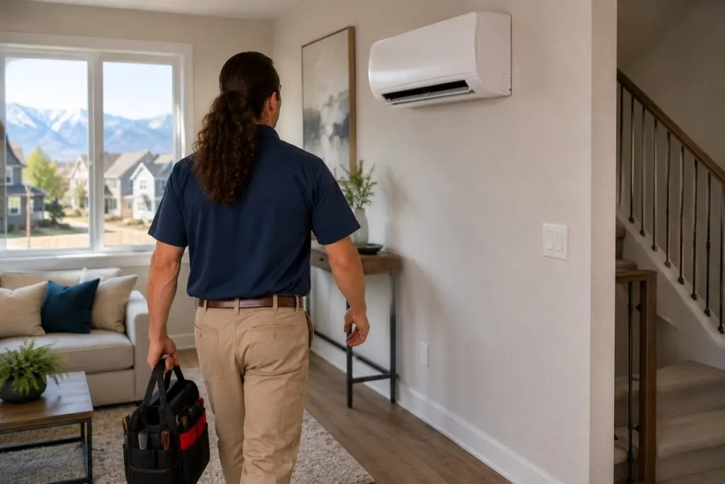 David's HVAC technician walking toward a wall-mounted mini split system for professional maintenance and service.