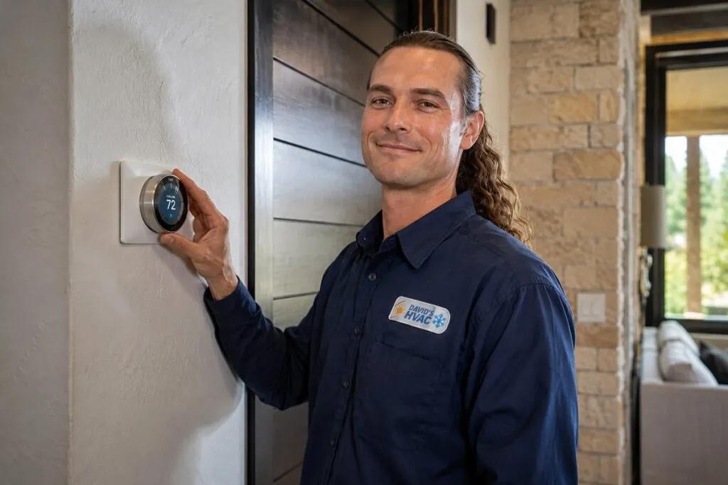 David from David's HVAC adjusting a smart thermostat during professional thermostat installation and service in a Colorado home.
