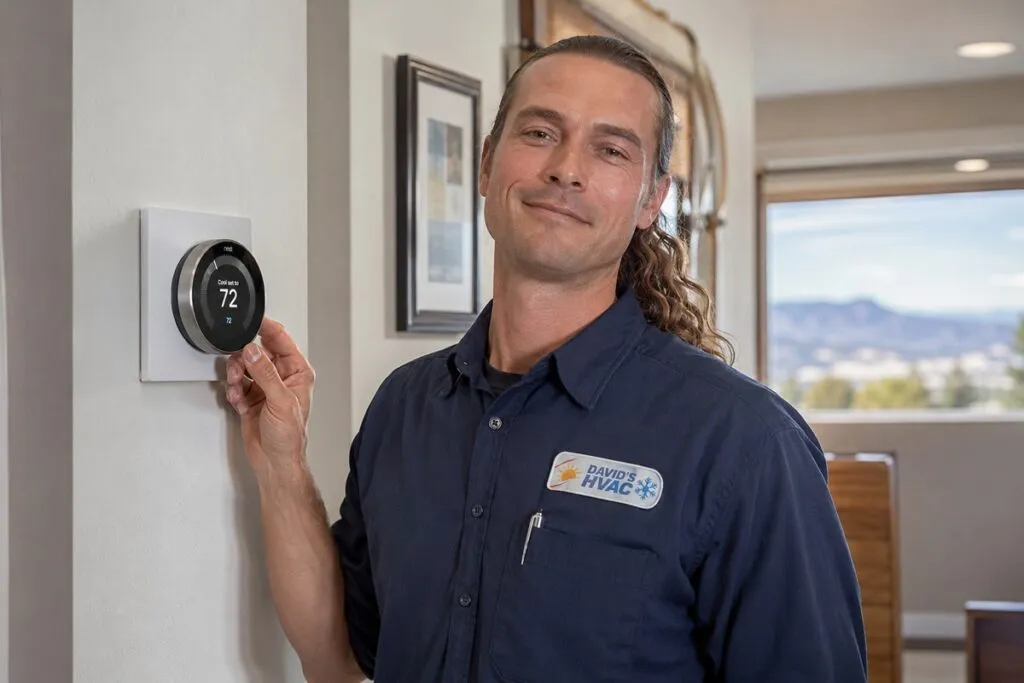 David from David's HVAC adjusting a smart thermostat during professional thermostat service in a Colorado home.