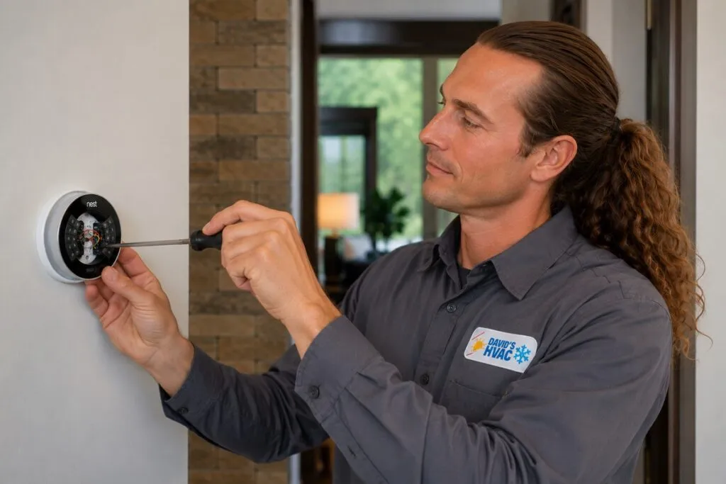 David from David's HVAC repairing a Nest smart thermostat during professional thermostat repair and installation.